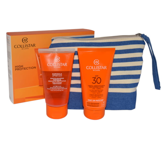 COLLISTAR  SET (ULTRA PROTECTION TANNING CREAM FACE BODY SPF 30 150ML + AFTER SUN SHOWER SHAMPOO 150ML+ COSMETICS BAG   Zestaw z kosmetyczką