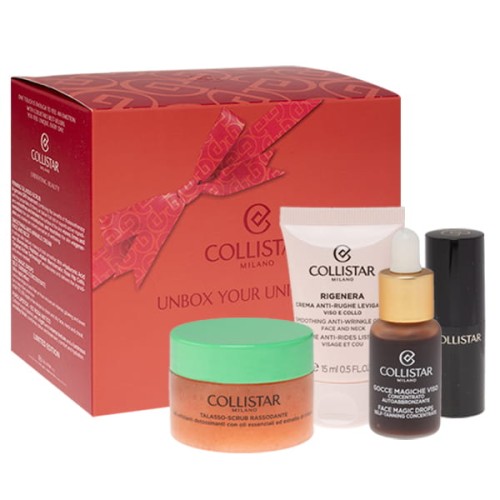 COLLISTAR SET (MINI LIPSTIC 102+MAGIC DROPS 10 ML+REGENERA CREAM 15ML+ FIRMING BODY SCRUB 70G)
