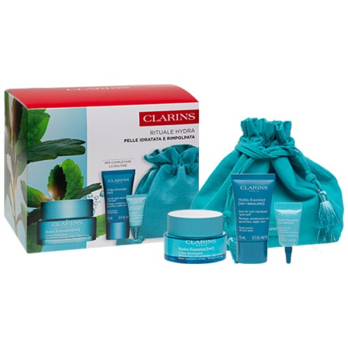 CLARINS SET(HYDRA ESSENTIEL CREME 50ML+HYDRA ESSENTIEL PLUMPS MOISTURIZES NIGHT CARE 15ML+HYDRA ESSESTIEL MOISTURE LIP BALM 3ML+BAG)