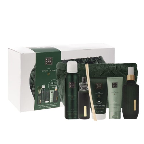 Rituals Set(The Ritual of Jing Shower Foaming Gel 200ml+ Body Cream 150ml + Home Perfume 200ml + Fragrance Stick 70ml + Hand & Foot Mask 70ml + Bag) Zestaw