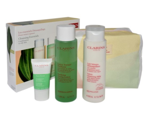 CLARINS Set (Velvet Cleansing Milk 200ML + Purifying Toning Lotion 200ML + Pure Scrub 15ML + Cosmetic Bag) Zestaw piellęgnacyjny z kosmetczką